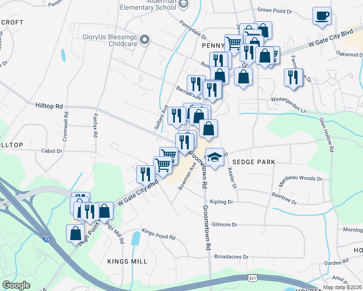 map of restaurants, bars, coffee shops, grocery stores, and more near 5269 Hilltop Road in Greensboro