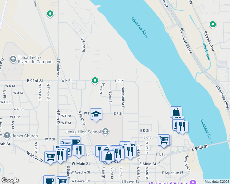 map of restaurants, bars, coffee shops, grocery stores, and more near 202 East H Street in Jenks