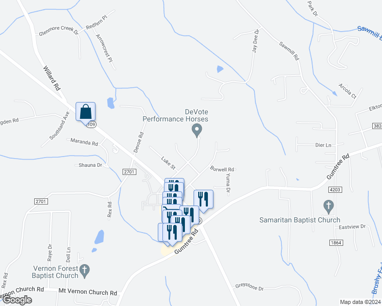 map of restaurants, bars, coffee shops, grocery stores, and more near 4680 Joe Shawn Road in Winston-Salem