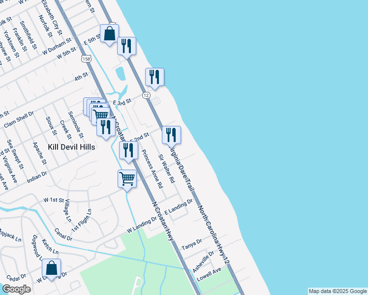 map of restaurants, bars, coffee shops, grocery stores, and more near 1611 North Virginia Dare Trail in Kill Devil Hills