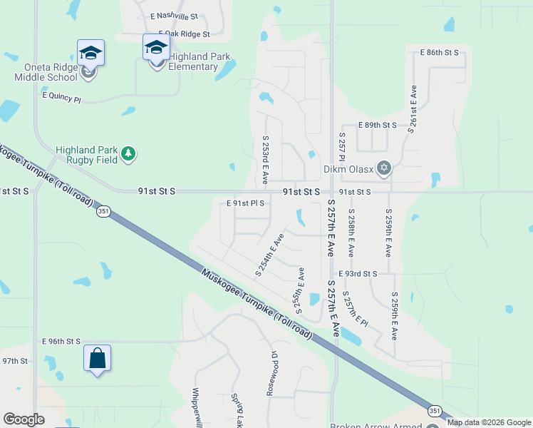 map of restaurants, bars, coffee shops, grocery stores, and more near 9175 South 253rd East Avenue in Broken Arrow