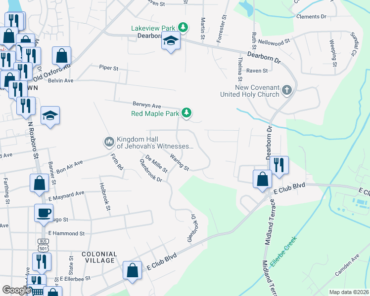 map of restaurants, bars, coffee shops, grocery stores, and more near 2712 Hinson Drive in Durham