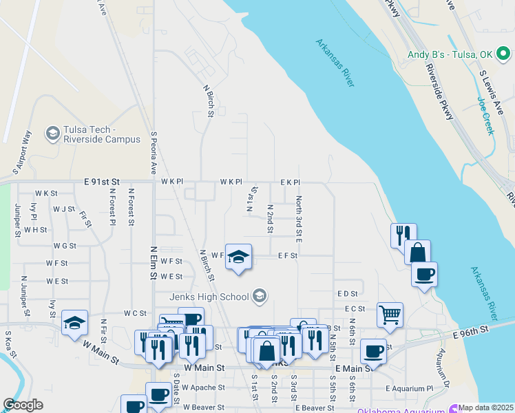 map of restaurants, bars, coffee shops, grocery stores, and more near 108 East J Street in Jenks