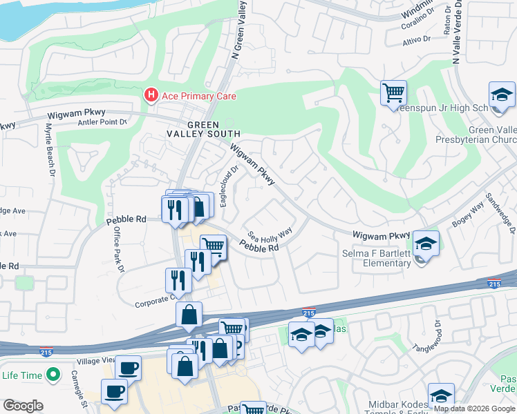 map of restaurants, bars, coffee shops, grocery stores, and more near 2129 Sun Rose Circle in Henderson