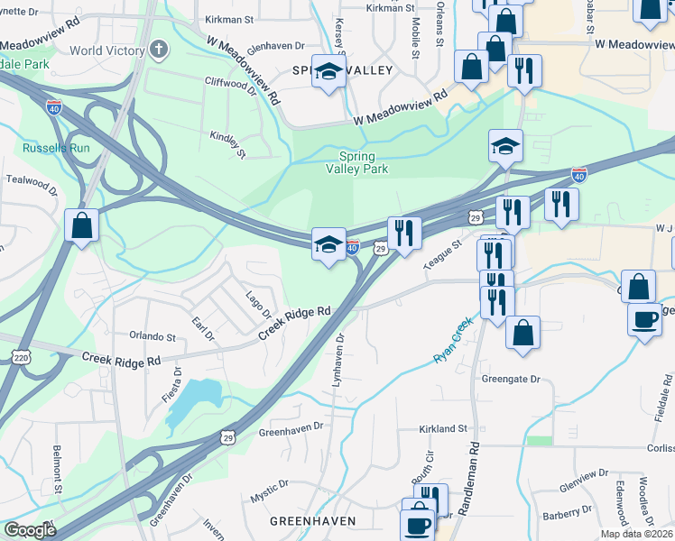 map of restaurants, bars, coffee shops, grocery stores, and more near 700 Creek Ridge Road in Greensboro