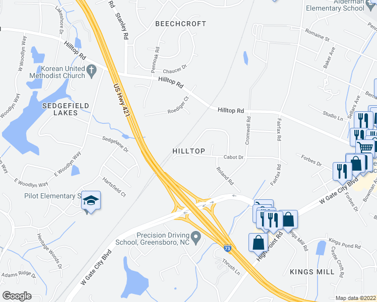 map of restaurants, bars, coffee shops, grocery stores, and more near 4801 Cabot Drive in Greensboro