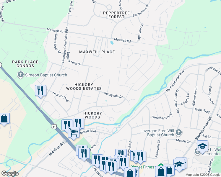 map of restaurants, bars, coffee shops, grocery stores, and more near 5366 Sunnyvale Drive in Nashville