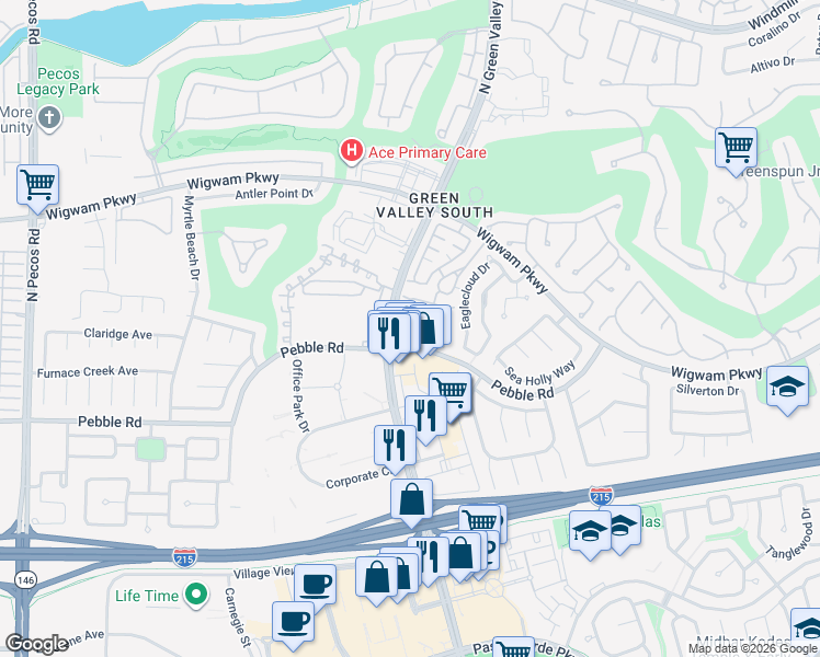 map of restaurants, bars, coffee shops, grocery stores, and more near 1500 Pebble Road in Henderson