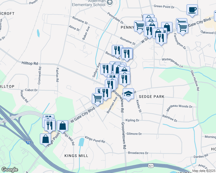 map of restaurants, bars, coffee shops, grocery stores, and more near 3639 Hilltop Road in Greensboro