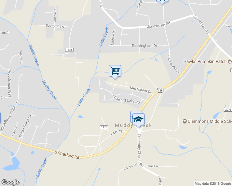 map of restaurants, bars, coffee shops, grocery stores, and more near 2485 Stratford Crossing Drive in Winston-Salem
