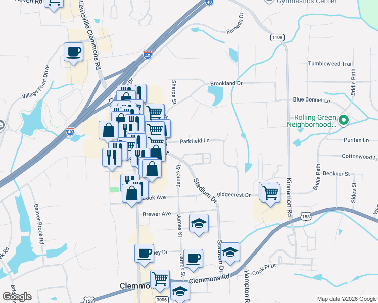 map of restaurants, bars, coffee shops, grocery stores, and more near 197a Stadium Oaks Drive in Clemmons