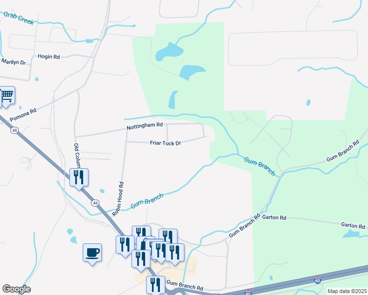 map of restaurants, bars, coffee shops, grocery stores, and more near 120-122 Friar Tuck Drive in Dickson