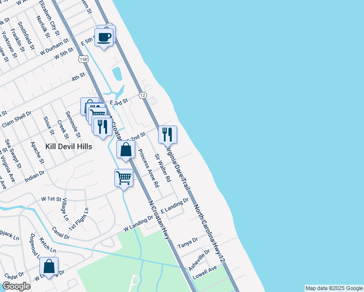 map of restaurants, bars, coffee shops, grocery stores, and more near 1611 North Virginia Dare Trail in Kill Devil Hills