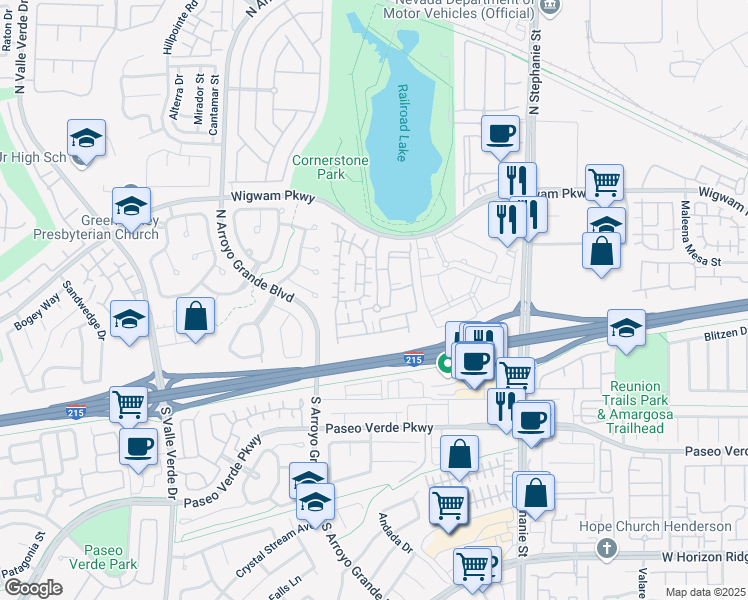 map of restaurants, bars, coffee shops, grocery stores, and more near 1505 Destiny Ridge Court in Henderson