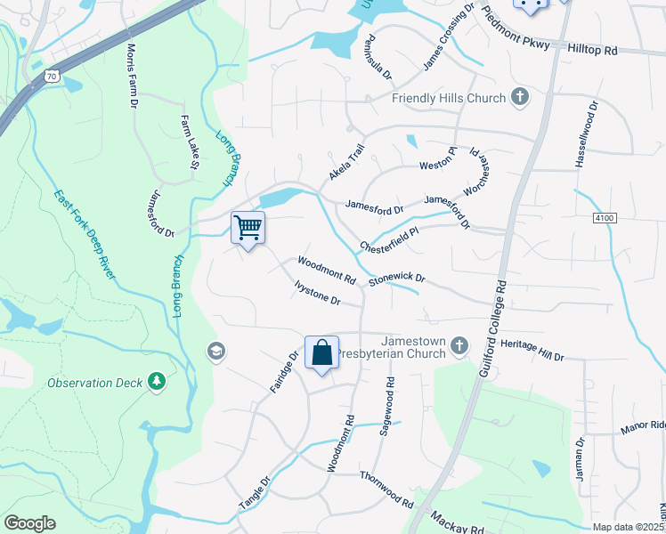 map of restaurants, bars, coffee shops, grocery stores, and more near 6412 Woodmont Road in Jamestown