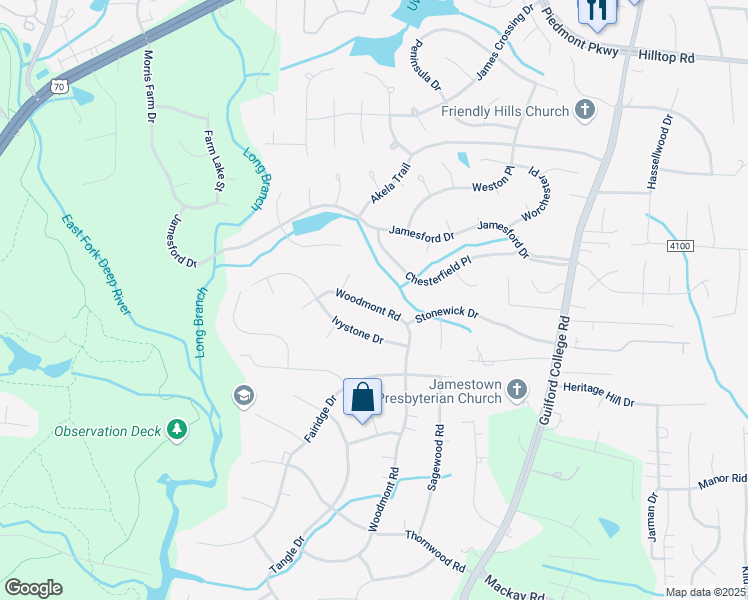 map of restaurants, bars, coffee shops, grocery stores, and more near 6412 Woodmont Road in Jamestown