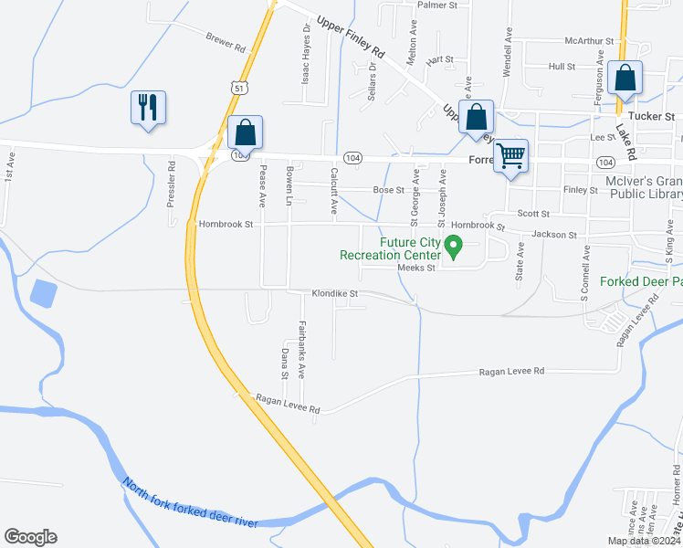 map of restaurants, bars, coffee shops, grocery stores, and more near 1401 Meeks Street in Dyersburg