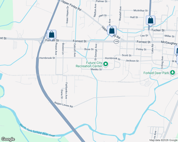 map of restaurants, bars, coffee shops, grocery stores, and more near 1338 Meeks Street in Dyersburg