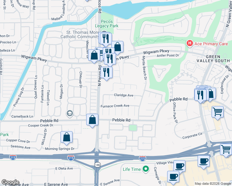 map of restaurants, bars, coffee shops, grocery stores, and more near 2546 Claridge Avenue in Henderson