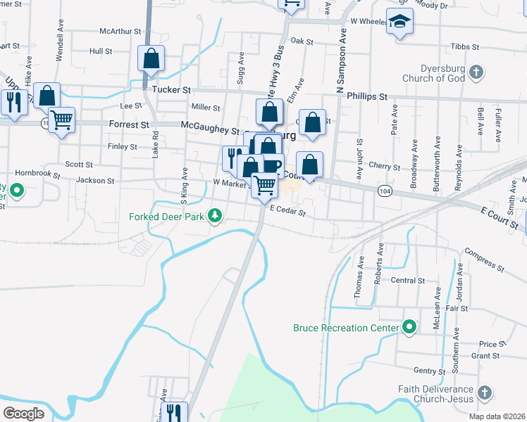 map of restaurants, bars, coffee shops, grocery stores, and more near 113-115 N Market St in Dyersburg