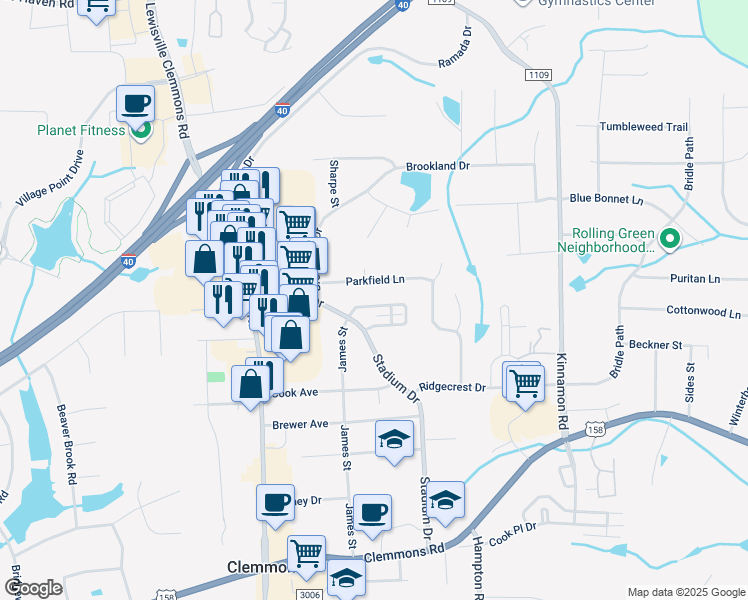 map of restaurants, bars, coffee shops, grocery stores, and more near 118 Stadium Oaks Drive in Clemmons