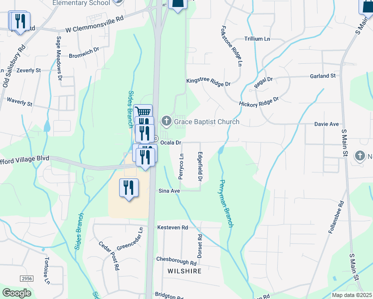 map of restaurants, bars, coffee shops, grocery stores, and more near 5011 Perryco Lane in Winston-Salem