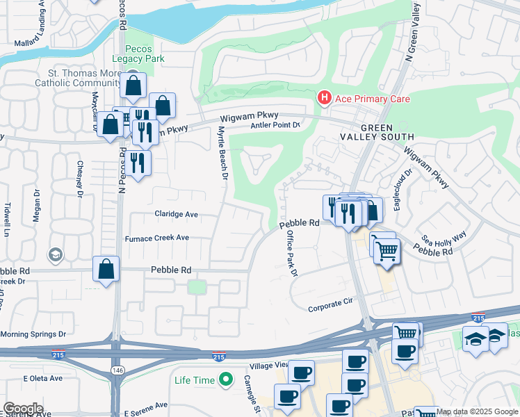 map of restaurants, bars, coffee shops, grocery stores, and more near 2412 Eagleridge Drive in Henderson