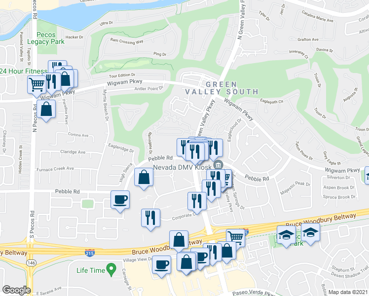 map of restaurants, bars, coffee shops, grocery stores, and more near 2201 Ramsgate Drive in Henderson
