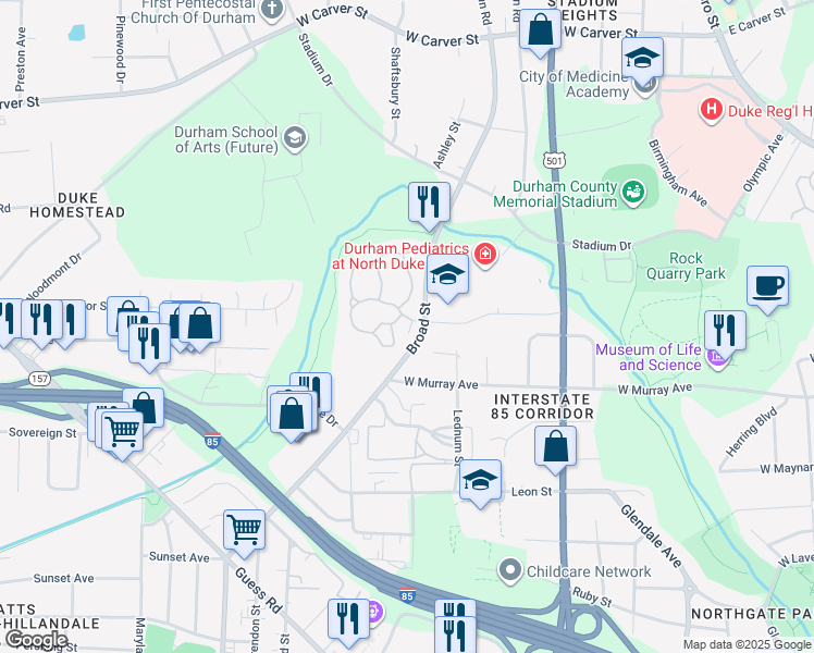 map of restaurants, bars, coffee shops, grocery stores, and more near 30 Glade Crest Way in Durham