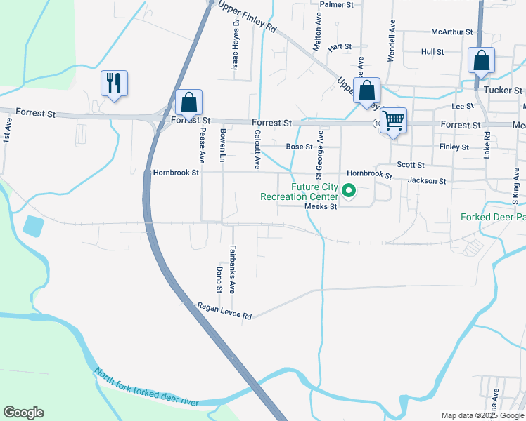 map of restaurants, bars, coffee shops, grocery stores, and more near 1401 Meeks Street in Dyersburg