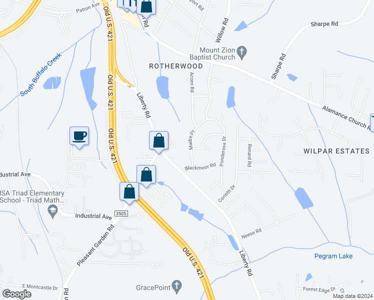 map of restaurants, bars, coffee shops, grocery stores, and more near 2502 Madre Place in Greensboro