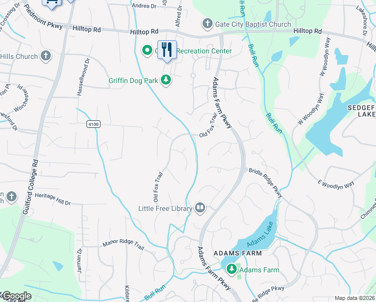 map of restaurants, bars, coffee shops, grocery stores, and more near 4 Rosebank Court in Greensboro