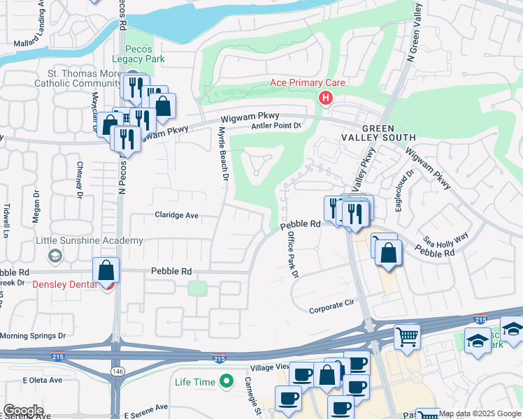 map of restaurants, bars, coffee shops, grocery stores, and more near 2412 Eagleridge Drive in Henderson