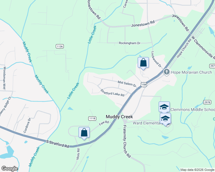 map of restaurants, bars, coffee shops, grocery stores, and more near 2542 Mid Salem Drive in Winston-Salem