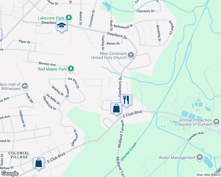 map of restaurants, bars, coffee shops, grocery stores, and more near 1304 Deer Run in Durham