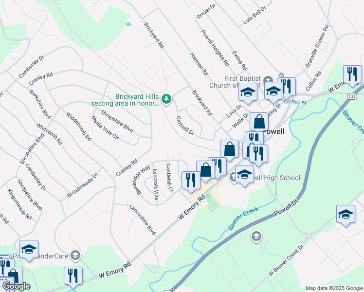 map of restaurants, bars, coffee shops, grocery stores, and more near 2126 Cartmill Drive in Powell