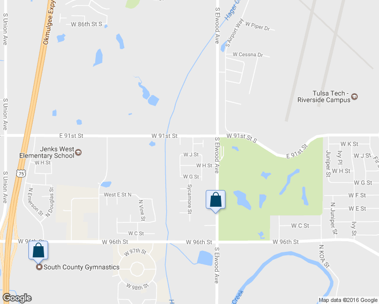 map of restaurants, bars, coffee shops, grocery stores, and more near 1002 Sycamore Street in Jenks