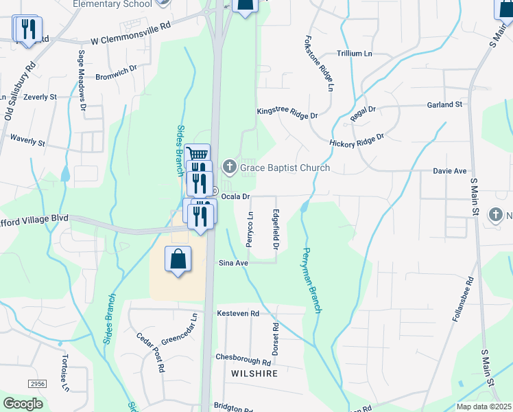 map of restaurants, bars, coffee shops, grocery stores, and more near 5011 Perryco Lane in Winston-Salem