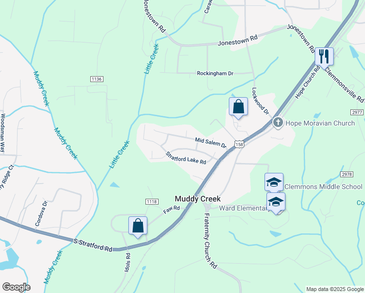 map of restaurants, bars, coffee shops, grocery stores, and more near 2465 Stratford Crossing Drive in Winston-Salem