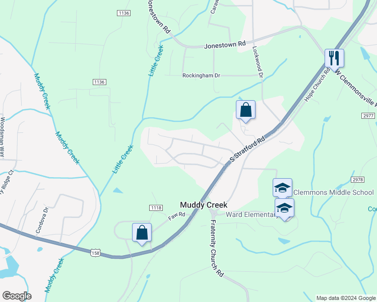 map of restaurants, bars, coffee shops, grocery stores, and more near 2465 Stratford Crossing Drive in Winston-Salem