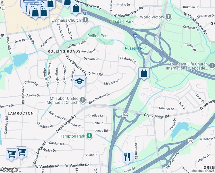 map of restaurants, bars, coffee shops, grocery stores, and more near 2222 Meloine Lane in Greensboro