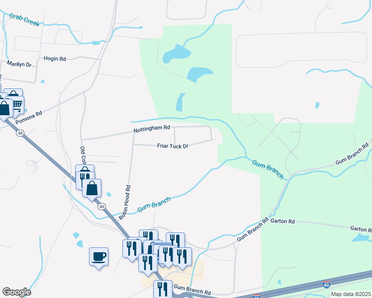 map of restaurants, bars, coffee shops, grocery stores, and more near 120 Friar Tuck Drive in Dickson