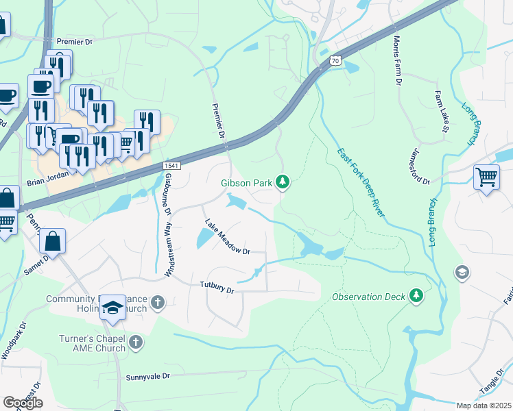 map of restaurants, bars, coffee shops, grocery stores, and more near 3966 Elizabeth Glen Way in Jamestown