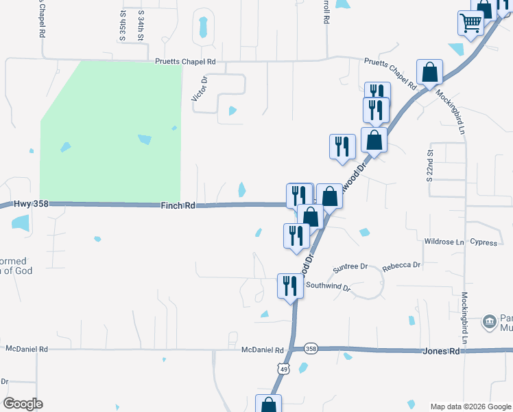 map of restaurants, bars, coffee shops, grocery stores, and more near 3001 Finch Road in Paragould