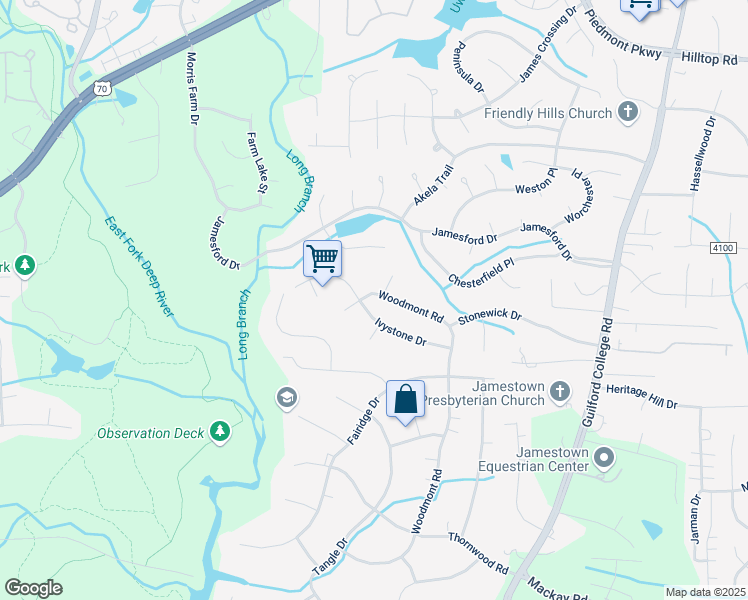 map of restaurants, bars, coffee shops, grocery stores, and more near 6503 Woodmont Road in Jamestown