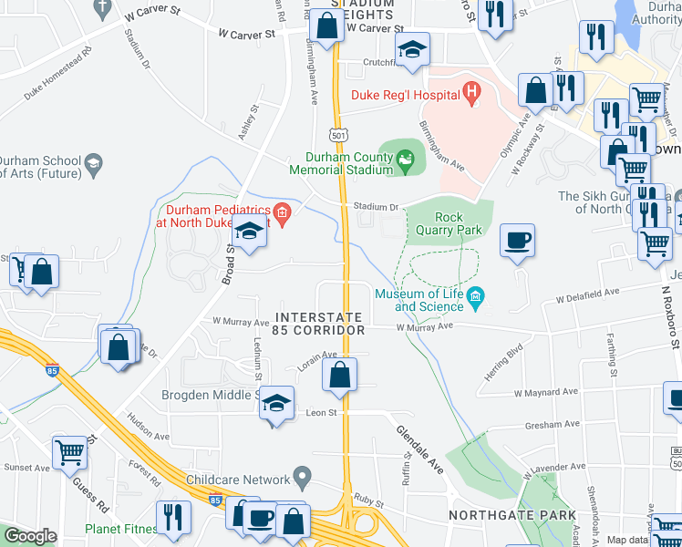 map of restaurants, bars, coffee shops, grocery stores, and more near 2601 North Duke Street in Durham