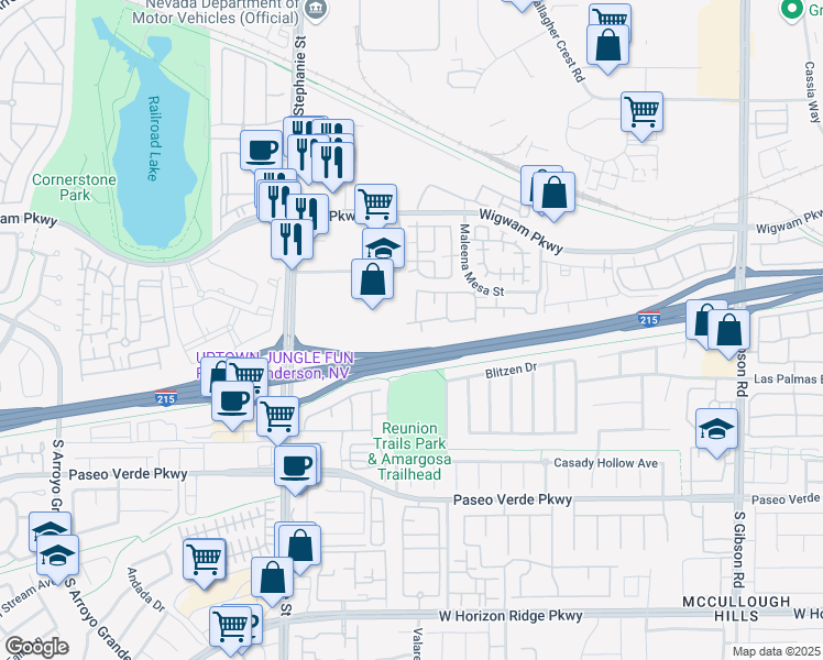 map of restaurants, bars, coffee shops, grocery stores, and more near 45 Maleena Mesa Street in Henderson