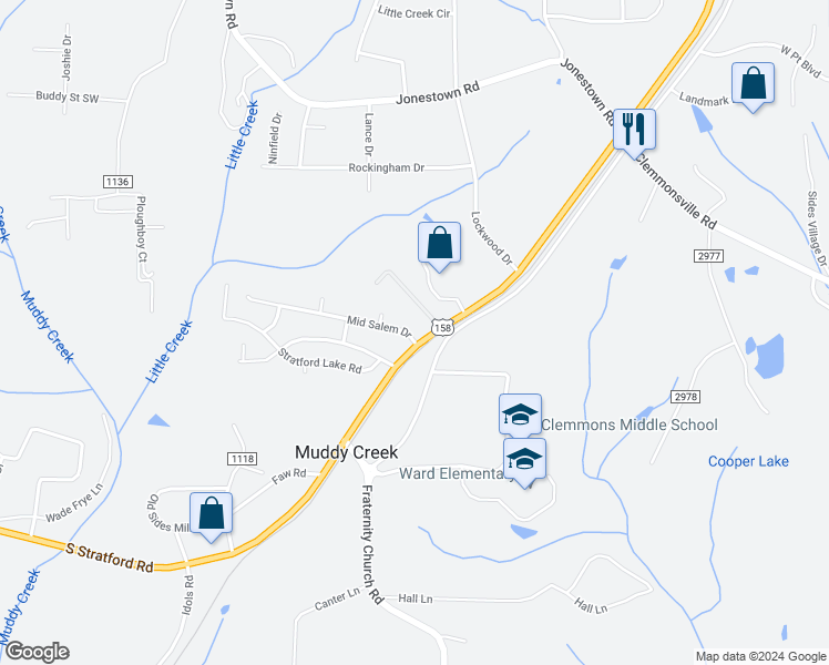 map of restaurants, bars, coffee shops, grocery stores, and more near 2403 Mid Salem Drive in Winston-Salem