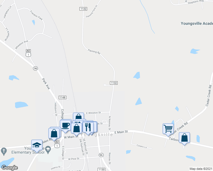 map of restaurants, bars, coffee shops, grocery stores, and more near 1214 Fleming Road in Youngsville