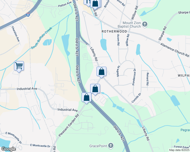 map of restaurants, bars, coffee shops, grocery stores, and more near 2822 Liberty Road in Greensboro